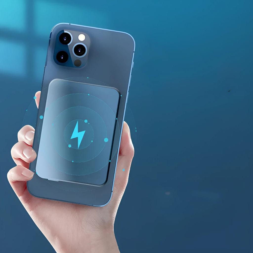 Silver aluminium Apple wireless magnetic power bank with 5000mAh capacity and USB-C port