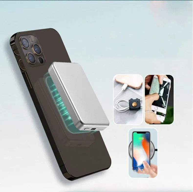 Silver aluminium Apple wireless magnetic power bank with 5000mAh capacity and USB-C port