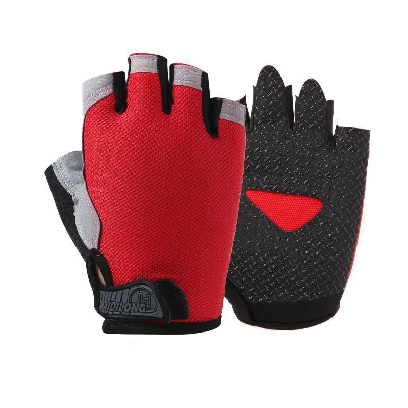 Pair of half finger fitness gloves in frosted nylon with non-slip pattern, available in multiple colours and sizes