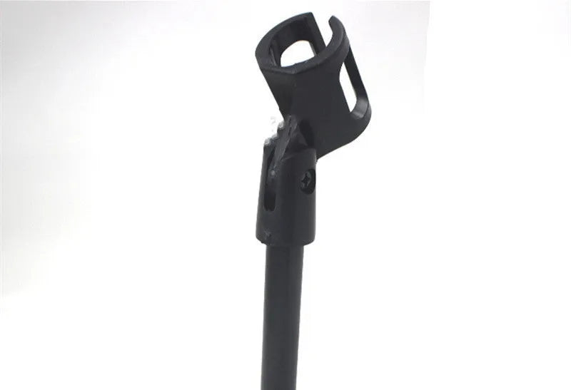 Black metal desktop microphone bracket with triangular base and plastic clip