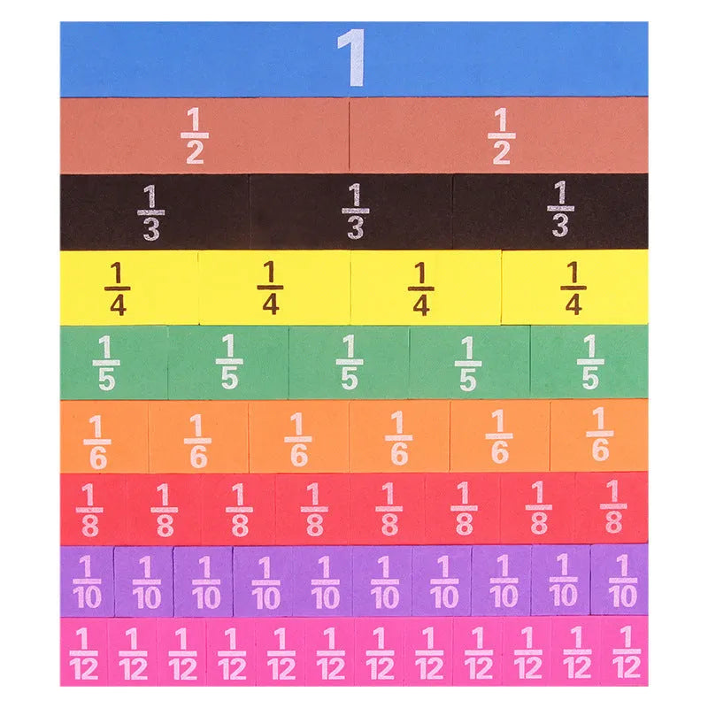 Plastic fraction teaching aids set with magnetic blocks, discs, transparent films, and rulers on a base.