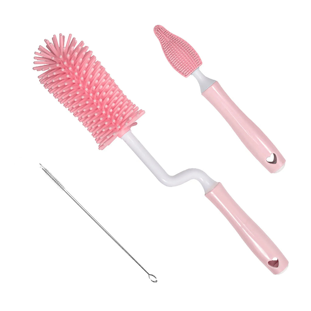 Silicone baby bottle cleaning brush set with long handle and small straw brush in assorted colours.