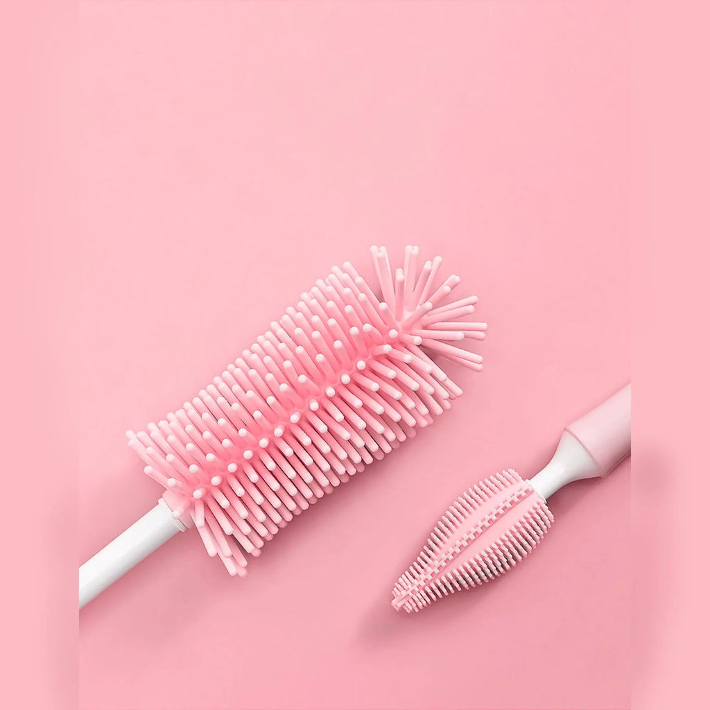 Silicone baby bottle cleaning brush set with long handle and small straw brush in assorted colours.