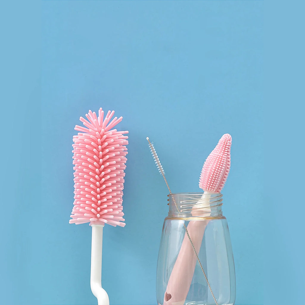 Silicone baby bottle cleaning brush set with long handle and small straw brush in assorted colours.