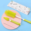 Silicone baby bottle cleaning brush set with long handle and small straw brush in assorted colours.