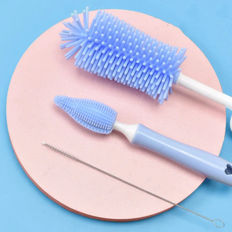 Silicone baby bottle cleaning brush set with long handle and small straw brush in assorted colours.