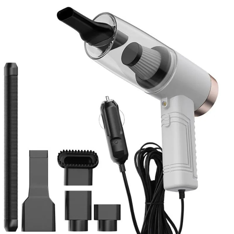Portable car vacuum cleaner with accessories in black or white colour options