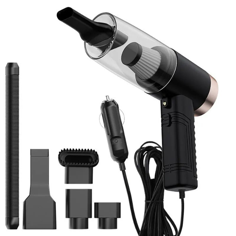 Portable car vacuum cleaner with accessories in black or white colour options