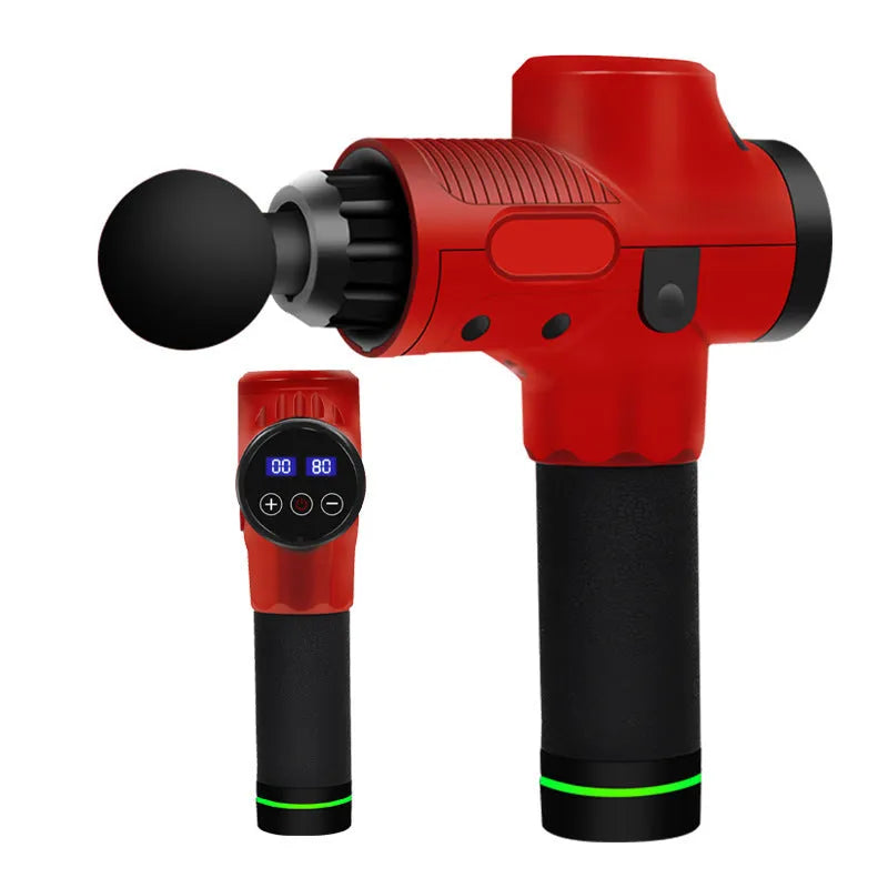 Electric muscle massage gun with multiple interchangeable heads on black background