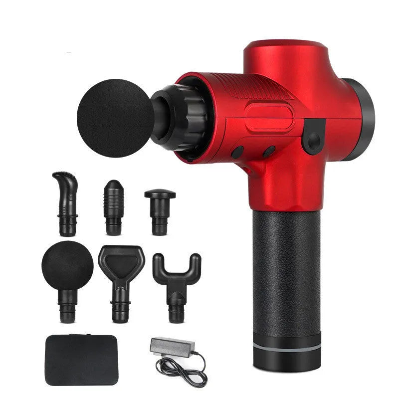 Electric muscle massage gun with multiple interchangeable heads on black background