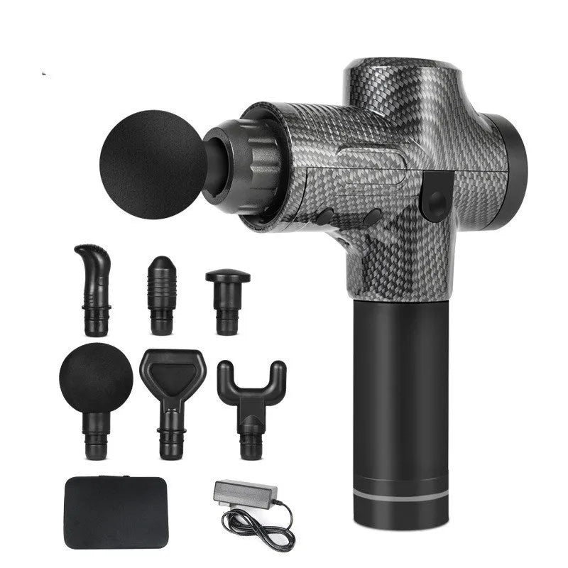 Electric muscle massage gun with multiple interchangeable heads on black background
