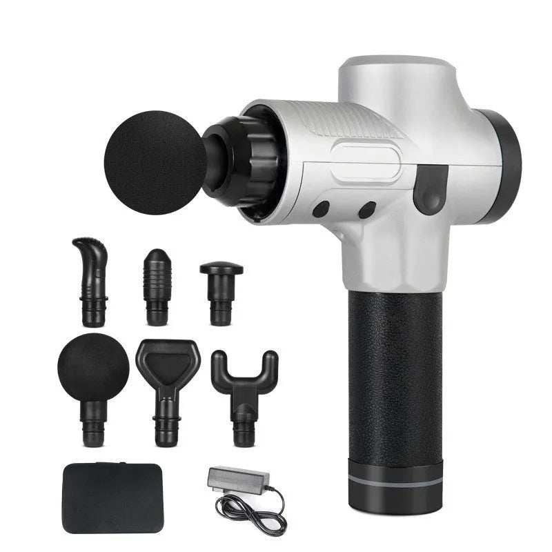 Electric muscle massage gun with multiple interchangeable heads on black background