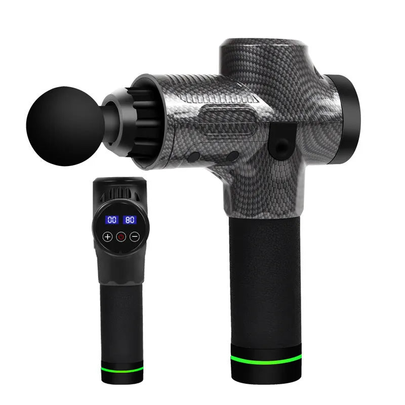 Electric muscle massage gun with multiple interchangeable heads on black background
