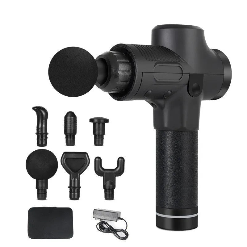 Electric muscle massage gun with multiple interchangeable heads on black background