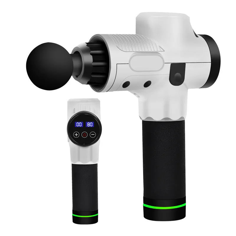 Electric muscle massage gun with multiple interchangeable heads on black background