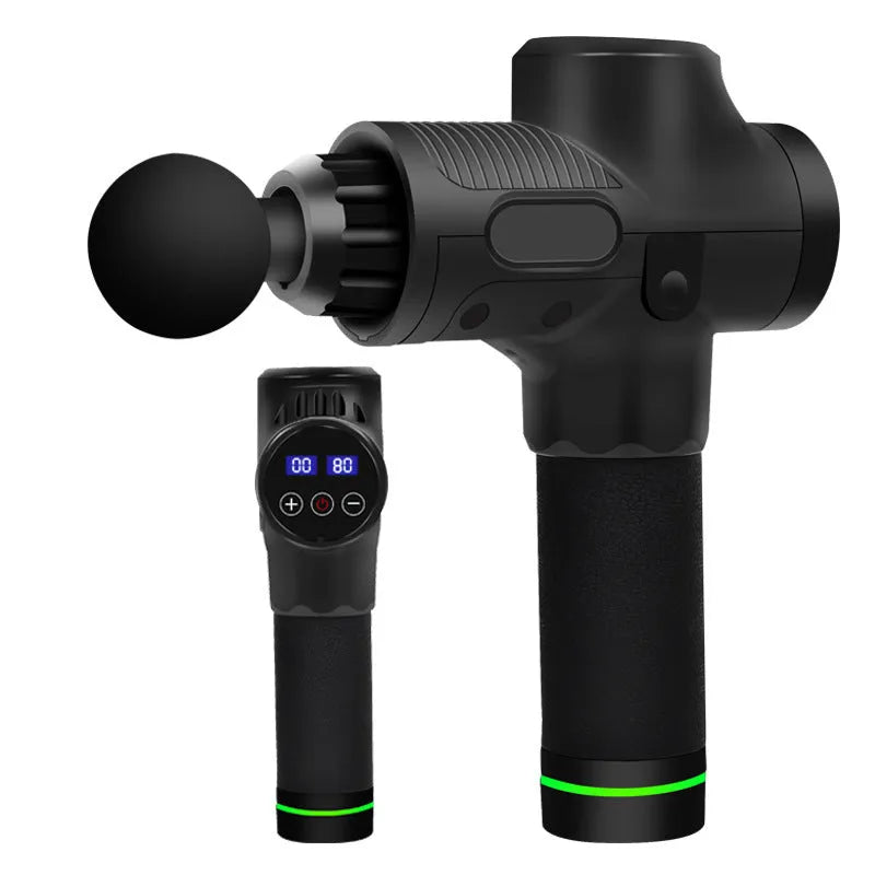 Electric muscle massage gun with multiple interchangeable heads on black background