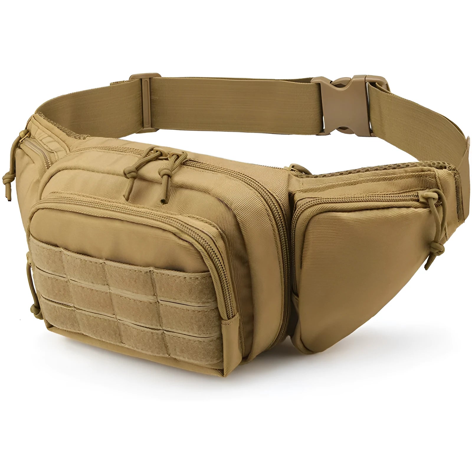 Black tactical waist bag with adjustable strap shown on a model