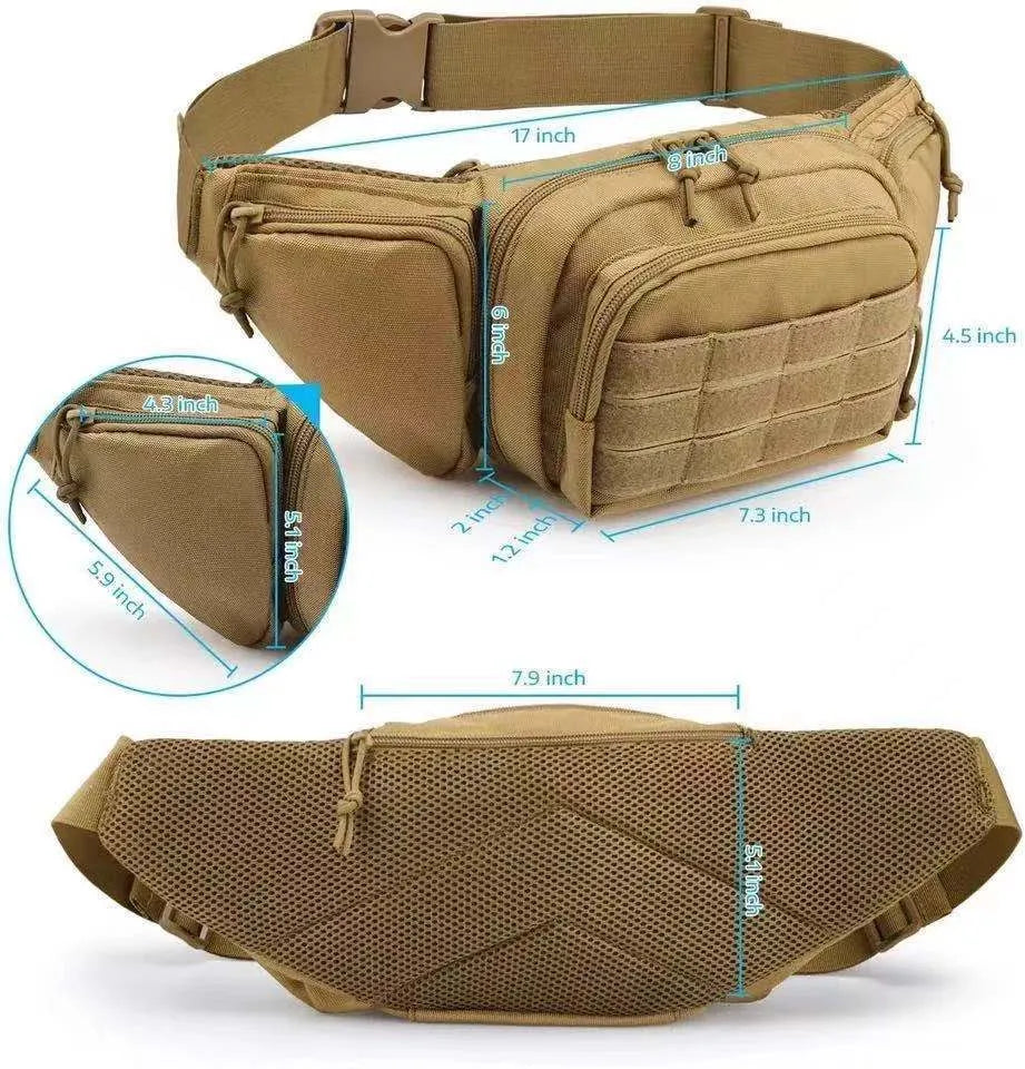 Black tactical waist bag with adjustable strap shown on a model