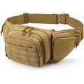 Black tactical waist bag with adjustable strap shown on a model