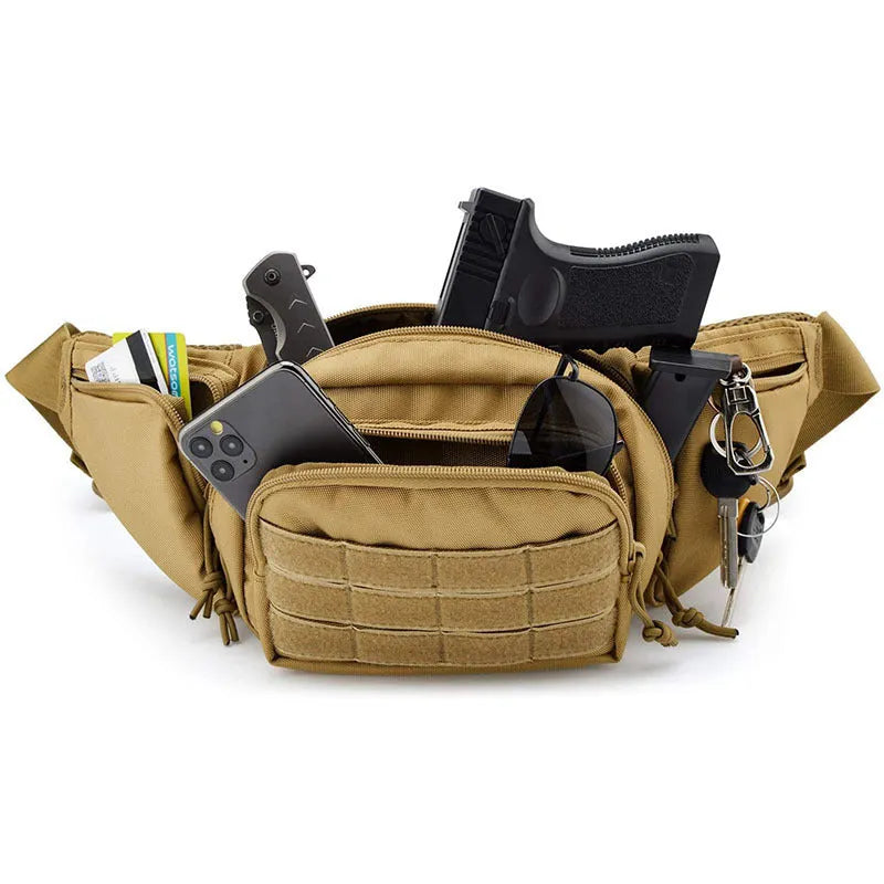 Black tactical waist bag with adjustable strap shown on a model