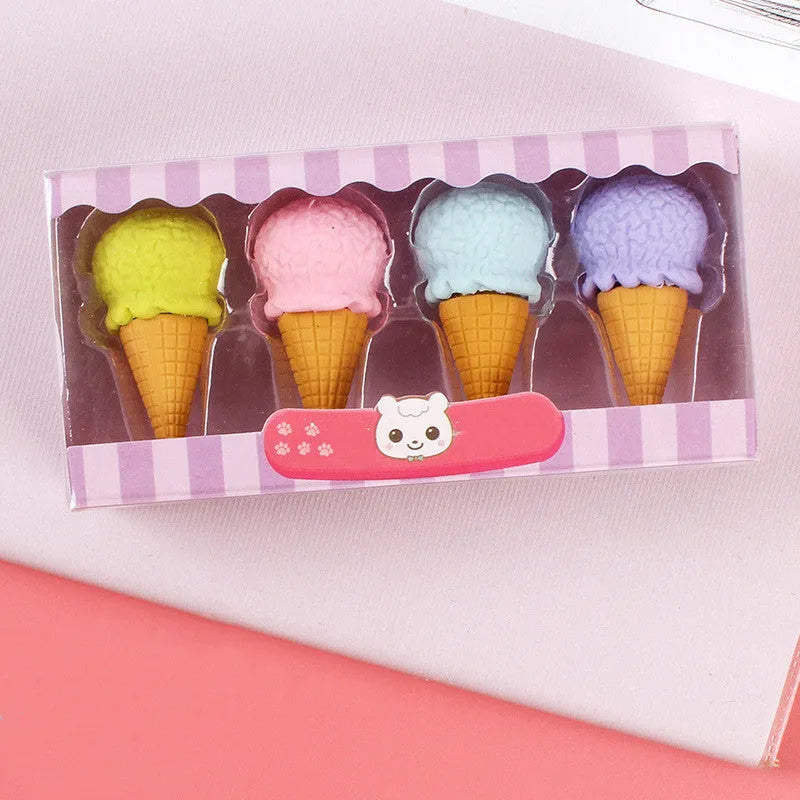 Cartoon eraser gift set with 12 pieces showing cone, ice cream, lollipop, and donut shapes