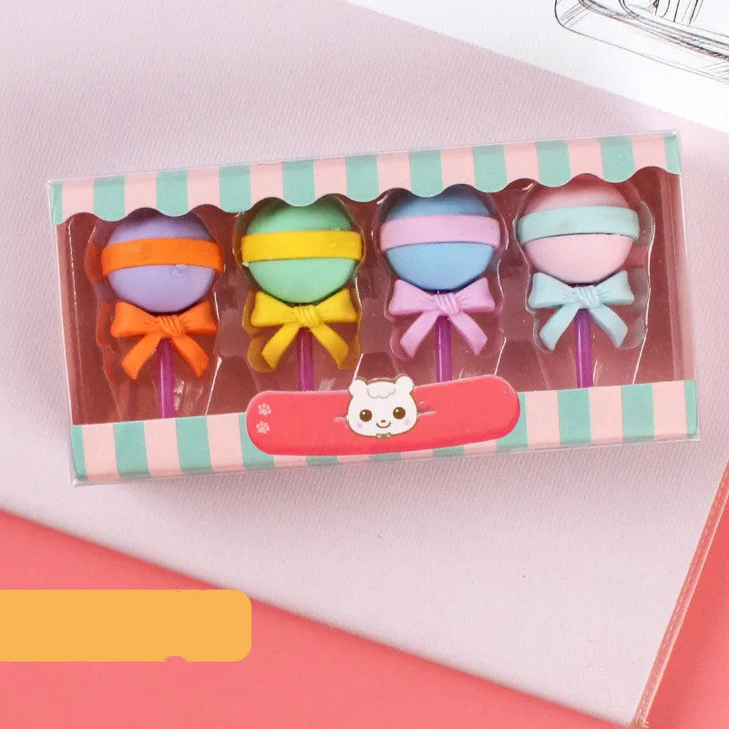Cartoon eraser gift set with 12 pieces showing cone, ice cream, lollipop, and donut shapes