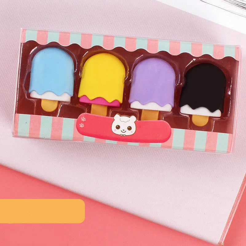 Cartoon eraser gift set with 12 pieces showing cone, ice cream, lollipop, and donut shapes
