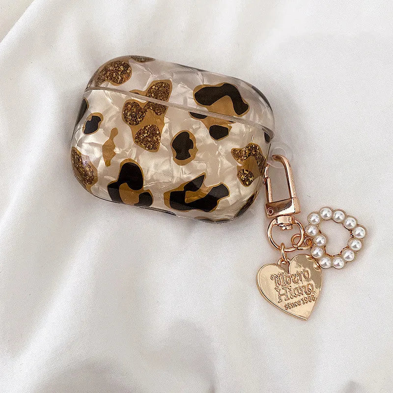 Shell yellow leopard print soft TPU flip case for Apple AirPods Pro with decorative heart ornament