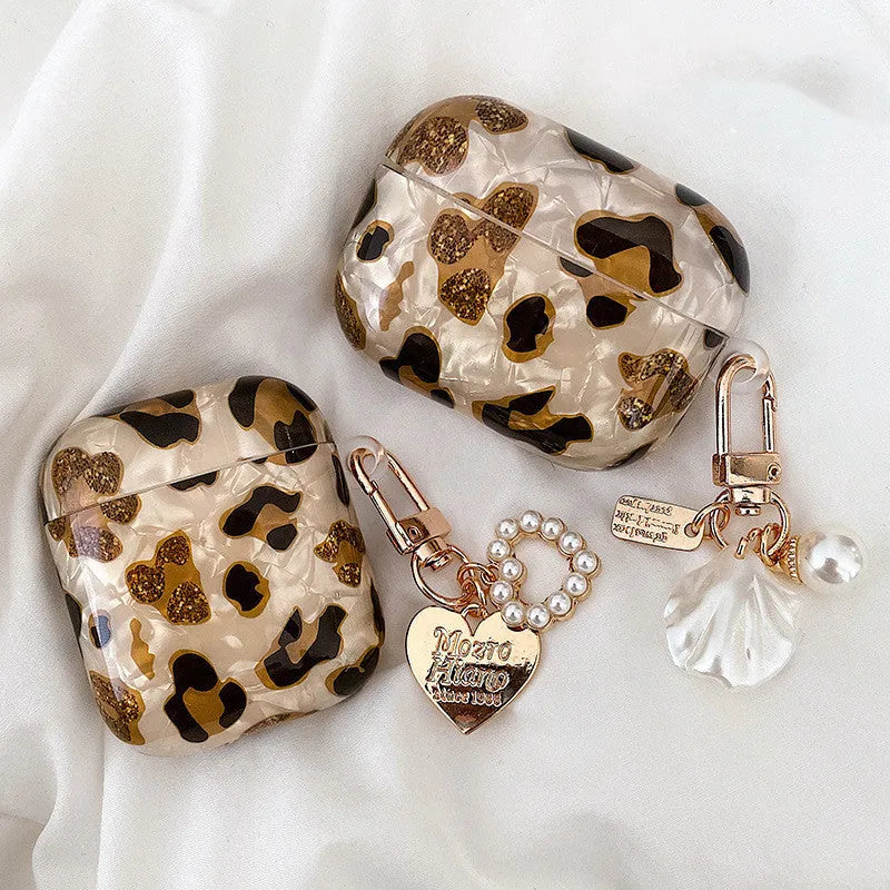 Shell yellow leopard print soft TPU flip case for Apple AirPods Pro with decorative heart ornament