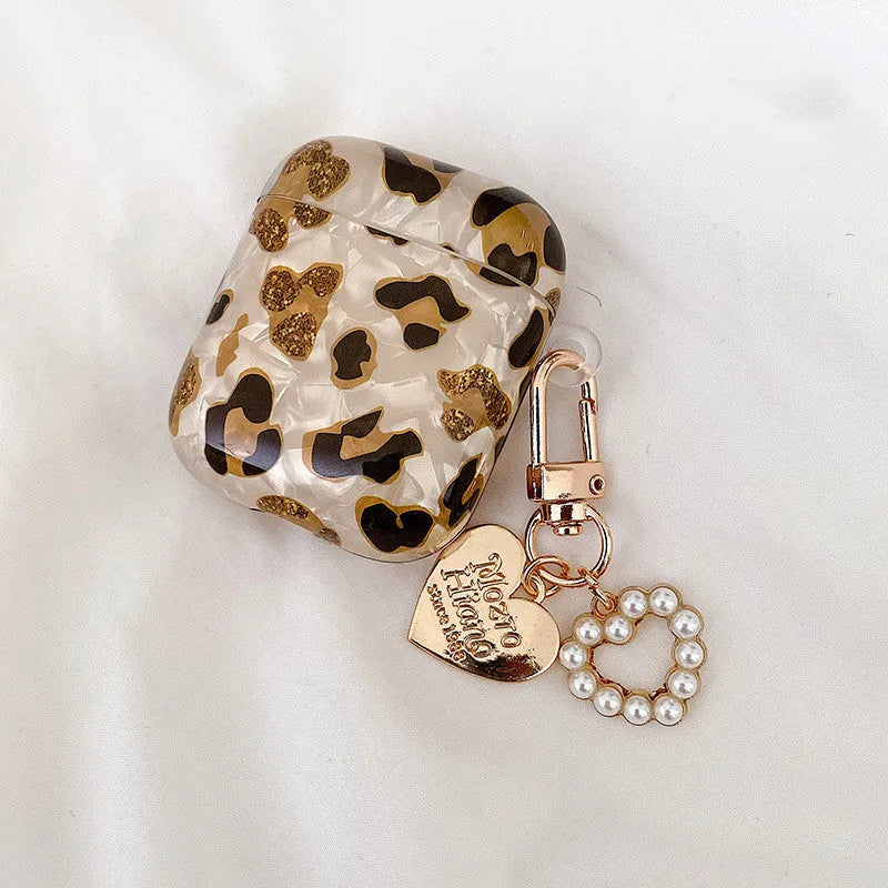 Shell yellow leopard print soft TPU flip case for Apple AirPods Pro with decorative heart ornament