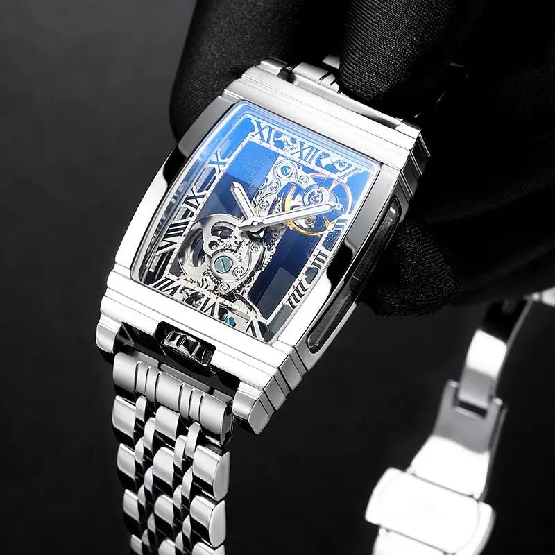 Daystar square stainless steel watch with leather strap showing white dial and gold case