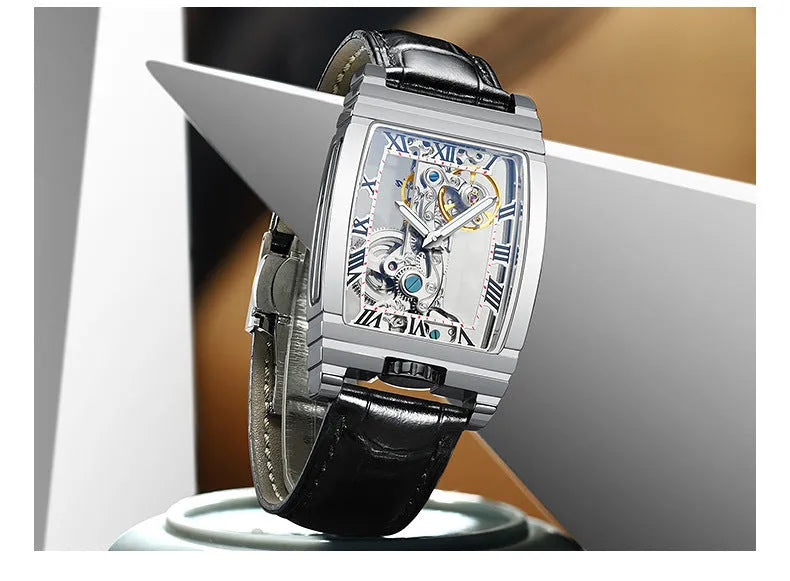 Daystar square stainless steel watch with leather strap showing white dial and gold case