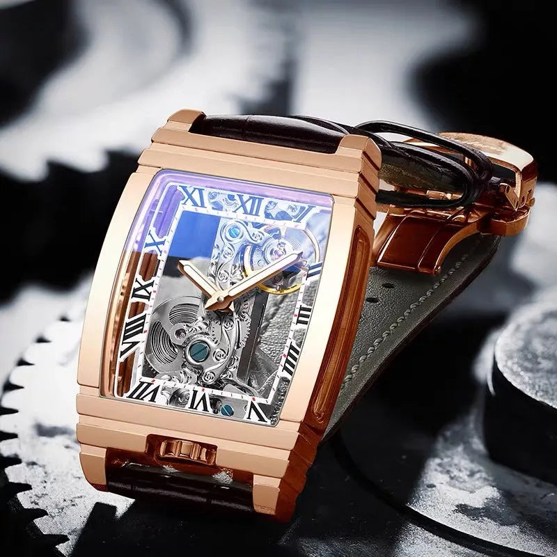 Daystar square stainless steel watch with leather strap showing white dial and gold case