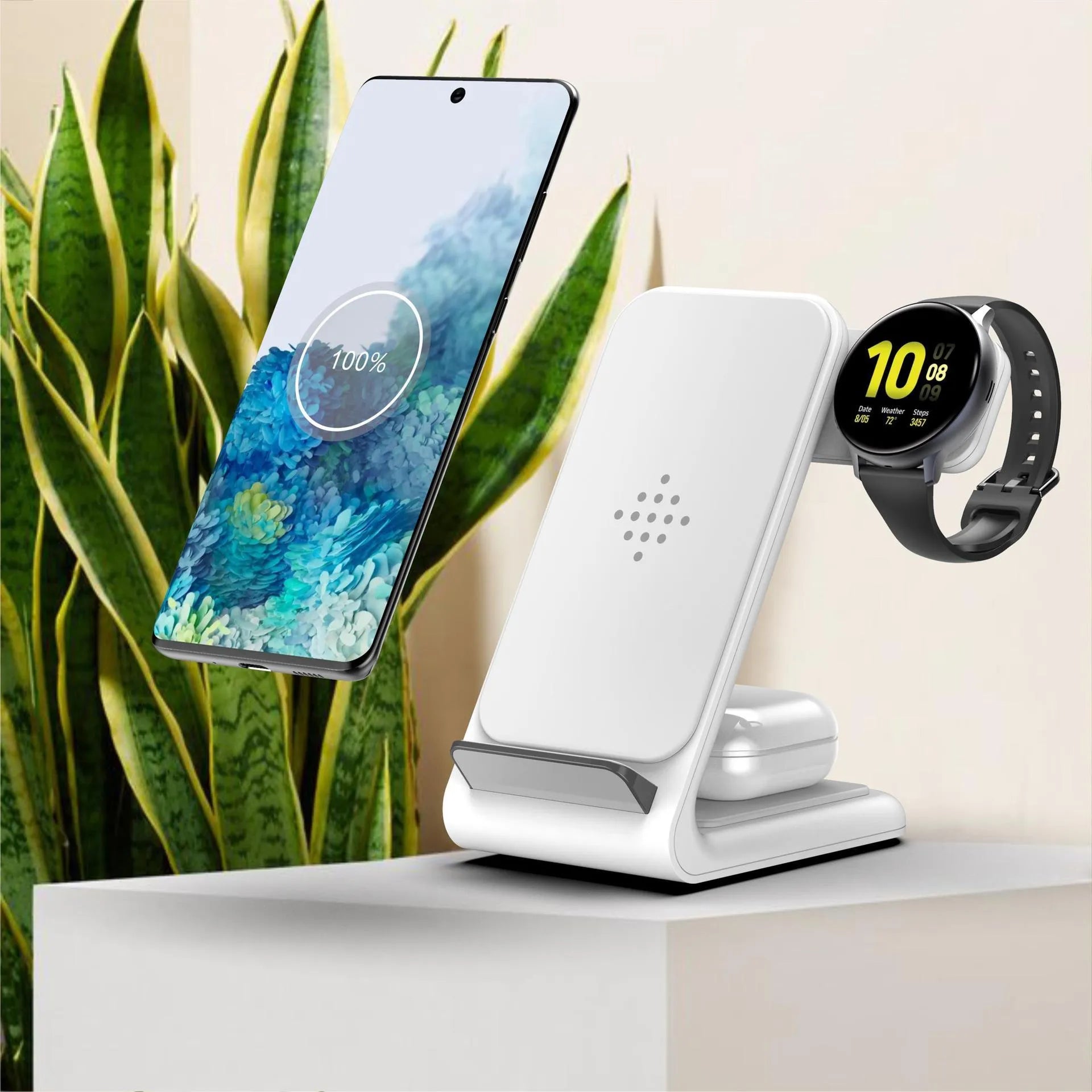 Fast wireless charging three-in-one bracket for iPhone and Samsung devices on desk