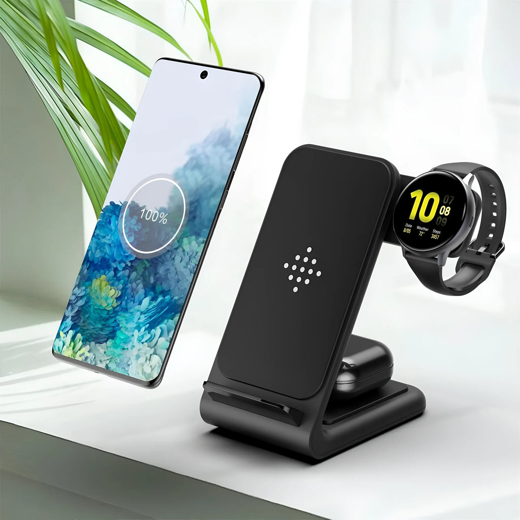 Fast wireless charging three-in-one bracket for iPhone and Samsung devices on desk