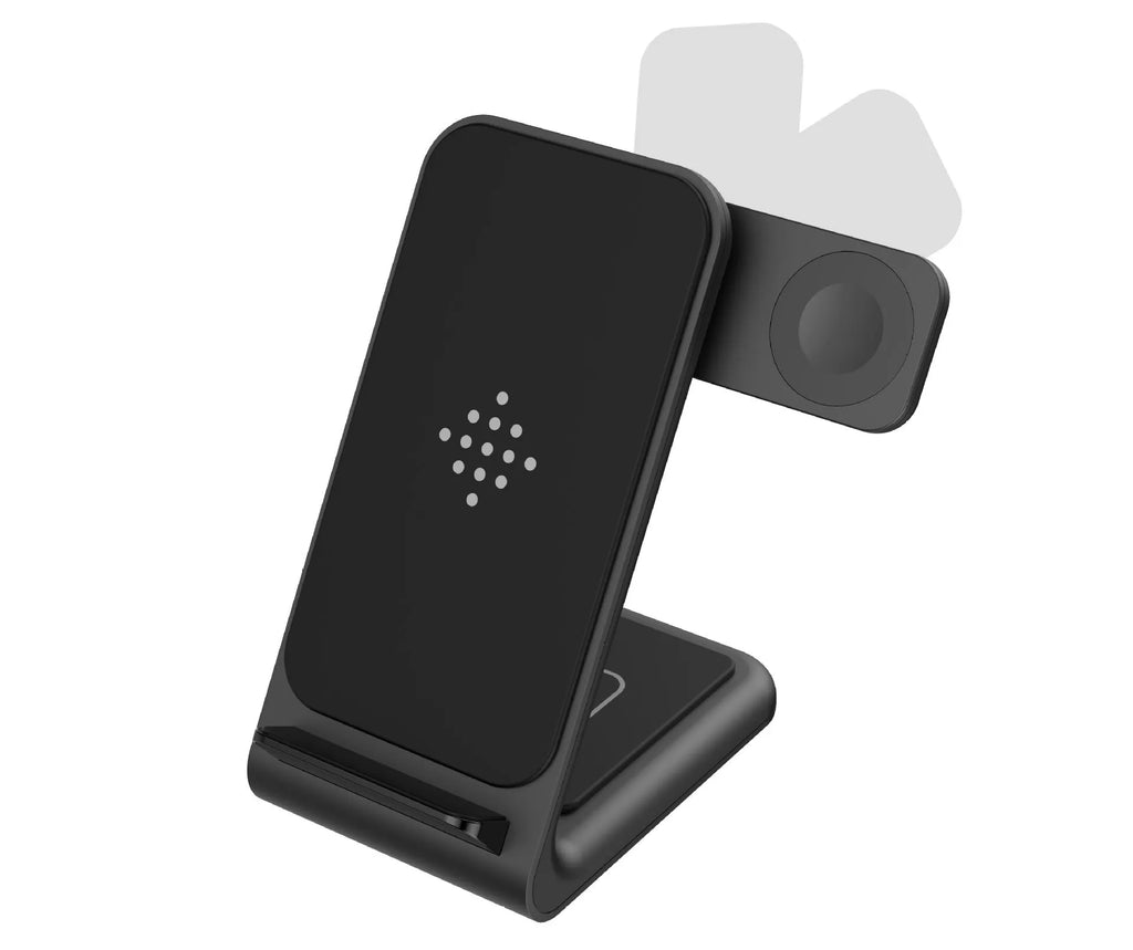 Fast wireless charging three-in-one bracket for iPhone and Samsung devices on desk