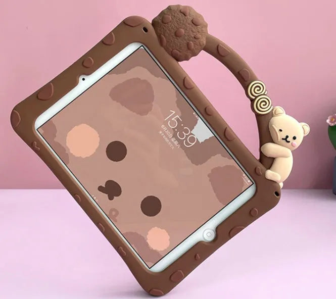 Brown cartoon silicone iPad sleeve with portable bracket design for tablet protection
