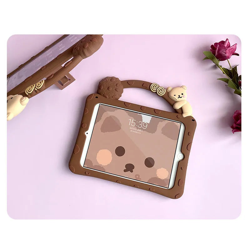 Brown cartoon silicone iPad sleeve with portable bracket design for tablet protection