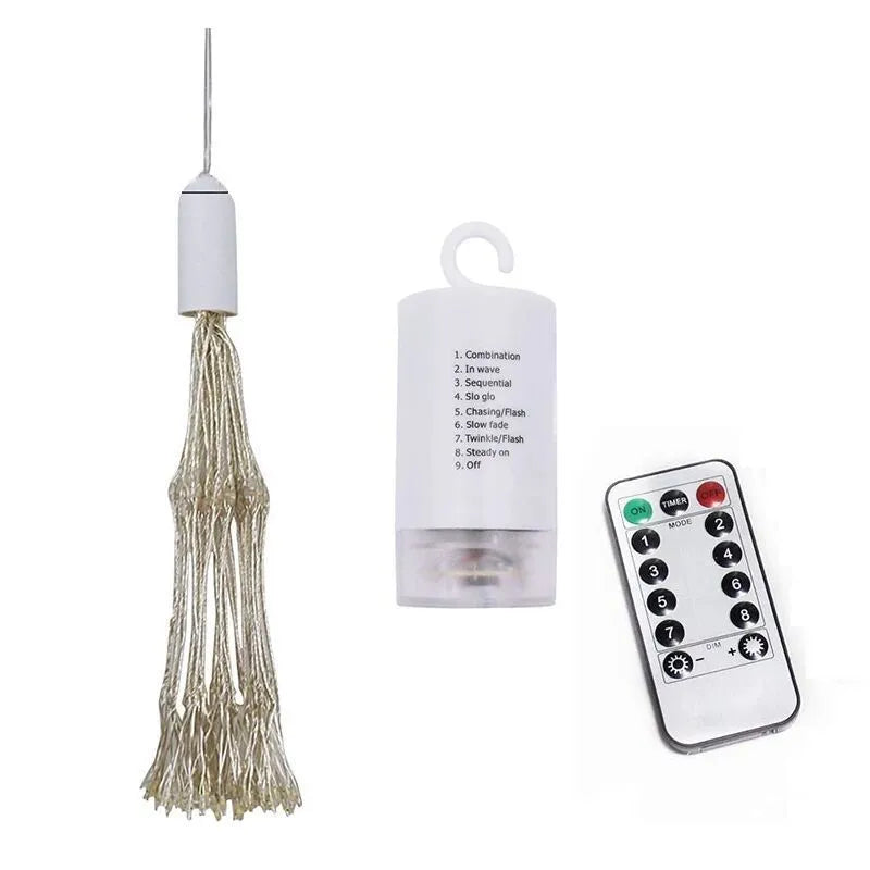 Solar LED meteor shower light with multiple warm white LED strings for indoor or outdoor decorative lighting