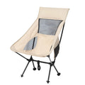 Beige outdoor folding chair with aluminium alloy frame and Oxford cloth seat, folded for portability.