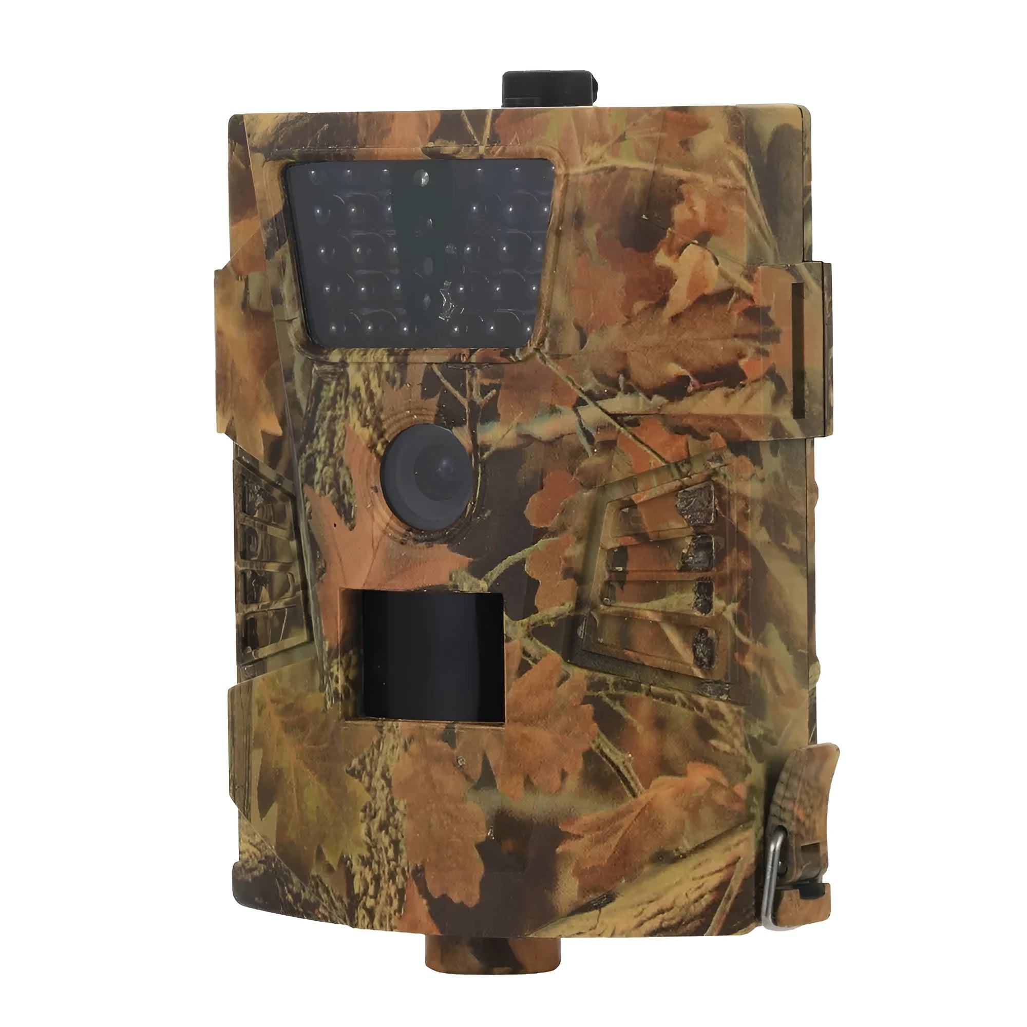 Orchard surveillance camera with belt mount showing dimensions 128mm x 92mm x 43mm