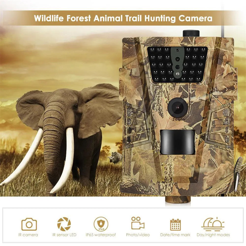 Orchard surveillance camera with belt mount showing dimensions 128mm x 92mm x 43mm
