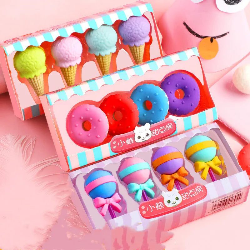 Cartoon eraser gift set with 12 pieces showing cone, ice cream, lollipop, and donut shapes