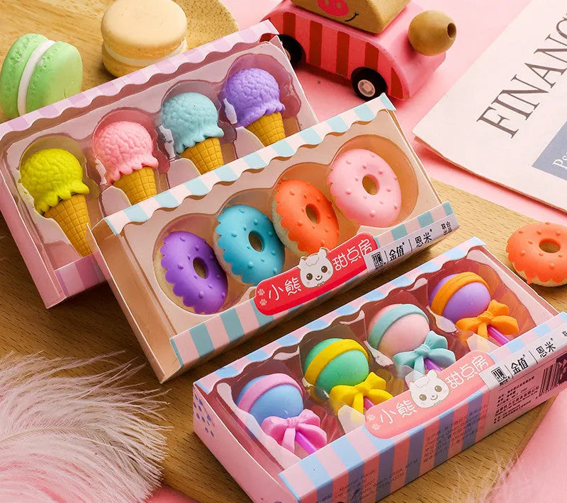 Cartoon eraser gift set with 12 pieces showing cone, ice cream, lollipop, and donut shapes