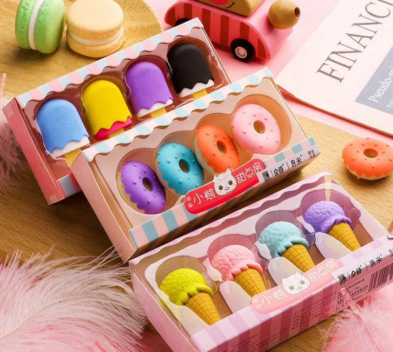 Cartoon eraser gift set with 12 pieces showing cone, ice cream, lollipop, and donut shapes