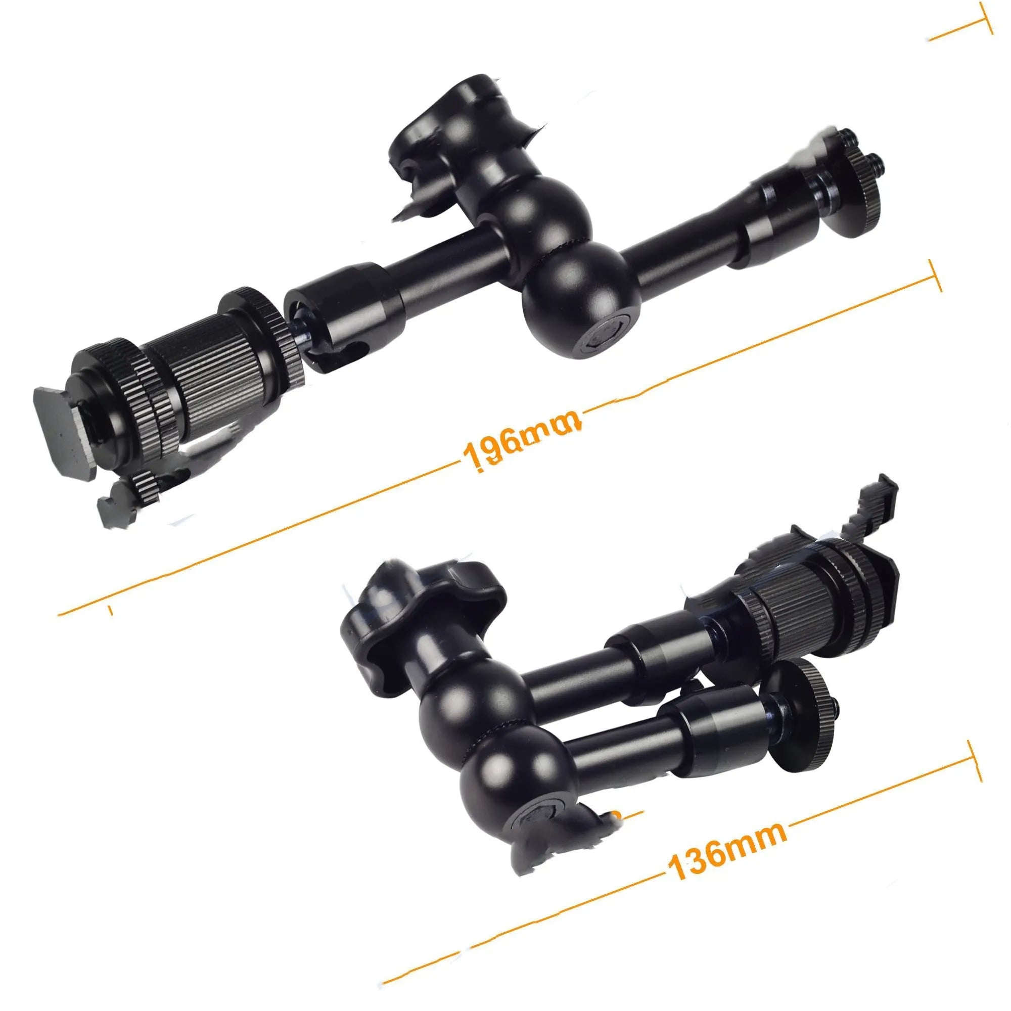 Black 7-inch metal magic friction arm with dual ball heads for DSLR camera accessory mounting