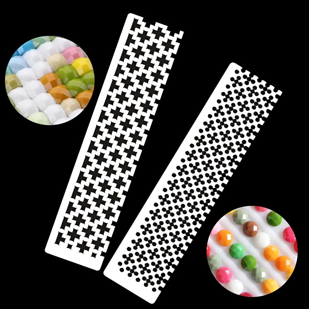 Stainless steel diamond painting grid ruler with square and round grid pattern options.