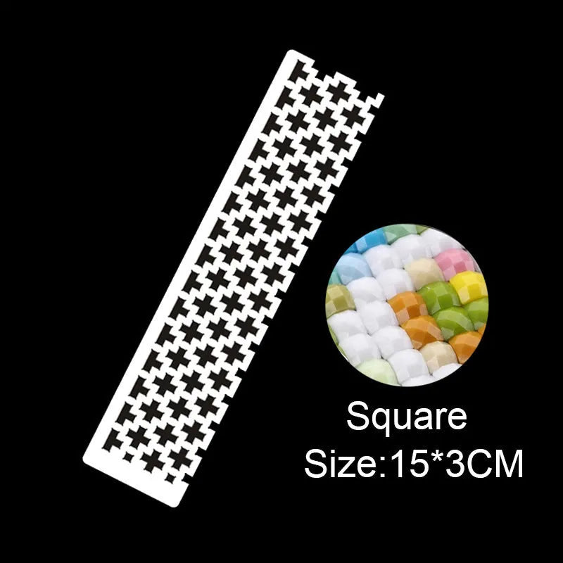 Stainless steel diamond painting grid ruler with square and round grid pattern options.