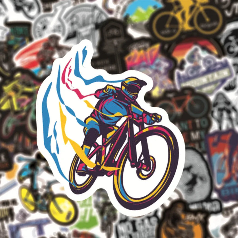 Pack of 50 bicycle and mountain bike themed self-adhesive decal stickers.