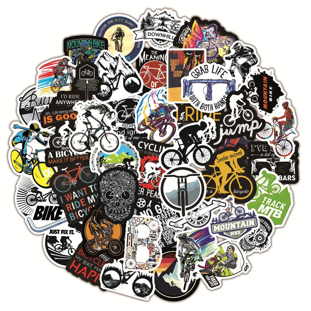 Pack of 50 bicycle and mountain bike themed self-adhesive decal stickers.